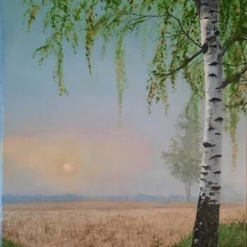 Картина под названием "Вirch in a foggy da…" - Olena Berest, Подлинное произведение искусства, Масло Установлен на Деревянна…