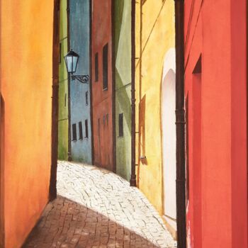 Painting titled "Sunny street" by Olena Berest, Original Artwork, Oil Mounted on Wood Stretcher frame