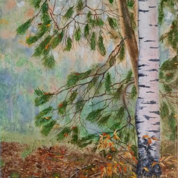 Painting titled "Foggy forest" by Olena Berest, Original Artwork, Oil