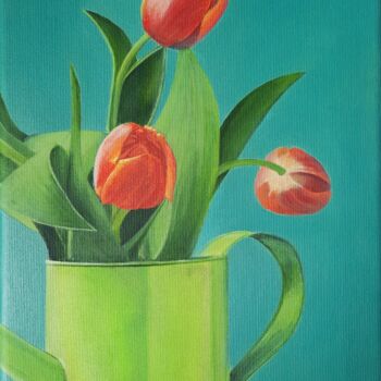 Painting titled "Tulips" by Olena Berest, Original Artwork, Oil Mounted on Wood Stretcher frame