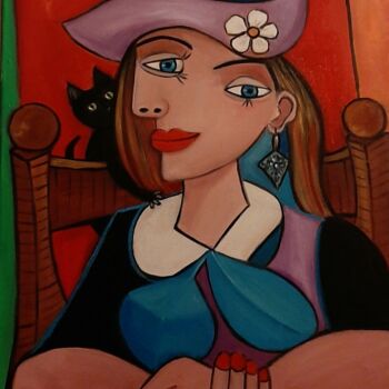 Pintura intitulada "Mulher com gatinho" por Olena Blinnikova, Obras de arte originais, Óleo Montado em Armação em madeira