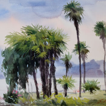 Schilderij getiteld ""Palms"" door Olena Kishkurno, Origineel Kunstwerk, Aquarel
