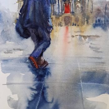 Painting titled "In the rain past th…" by Olena Koliesnik, Original Artwork, Watercolor
