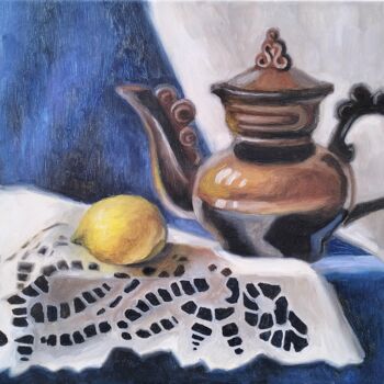 Painting titled "Tea with Lemon" by Olena Kucher, Original Artwork, Oil