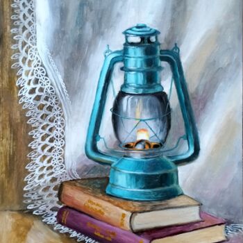 Malerei mit dem Titel "Paraffin Lamp and B…" von Olena Kucher, Original-Kunstwerk, Öl