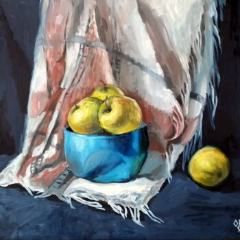 Painting titled "Apples on Afringed…" by Olena Kucher, Original Artwork, Oil