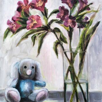 Painting titled "Bouquet, glass, toy" by Olena Kucher, Original Artwork, Oil
