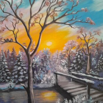 Peinture intitulée "Мостик в зимний лес" par Olena Lisova, Œuvre d'art originale, Acrylique Monté sur Châssis en bois