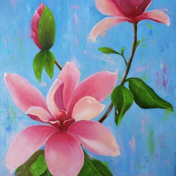 Painting titled "Magnolia bloom" by Olena Poleva, Original Artwork, Oil Mounted on Wood Stretcher frame