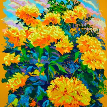 Painting titled "fleurs dorées" by Olena Polovna, Original Artwork, Pastel