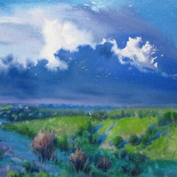 Pintura titulada "Le ciel du soir sur…" por Olena Polovna, Obra de arte original, Acuarela
