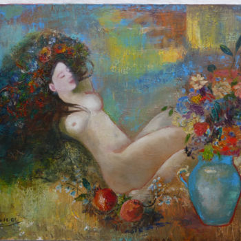 Painting titled "Nu et vase bleu" by Olena Rabitcheva, Original Artwork