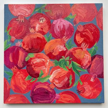 Painting titled "Pomegranates" by Olena Zhylenko, Original Artwork, Oil Mounted on Wood Stretcher frame