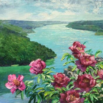 Painting titled "MOUNTAIN PEONY - Or…" by Olena Samoilyk, Original Artwork, Oil Mounted on Wood Stretcher frame