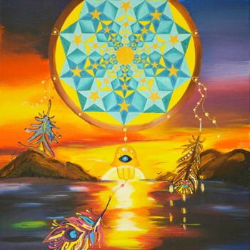 Painting titled "Dreamcatcher Hamsa…" by Olesea Arts, Original Artwork, Acrylic