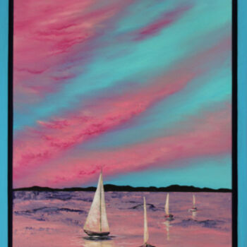 Painting titled "Sailing Boats - sea…" by Olesia Lebedenko, Original Artwork, Oil Mounted on Wood Stretcher frame