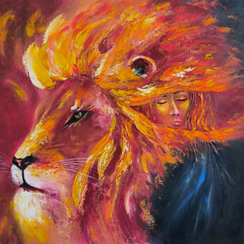 Pittura intitolato "Lion, Fire color, p…" da Olesia Lebedenko, Opera d'arte originale, Olio Montato su Telaio per barella in…