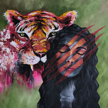 Painting titled "Tiger, woman, girl,…" by Olesia Lebedenko, Original Artwork, Oil Mounted on Wood Stretcher frame