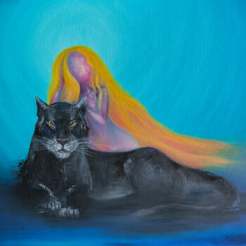Painting titled "Black panther, spac…" by Olesia Lebedenko, Original Artwork, Oil Mounted on Wood Stretcher frame
