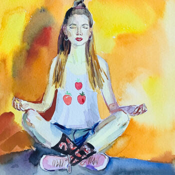 Painting titled "meditation" by Olesia Lishaeva, Original Artwork, Watercolor