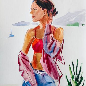 Pintura titulada "girl and yacht" por Olesia Lishaeva, Obra de arte original, Acuarela