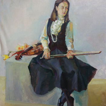 Painting titled "Скрипачка" by Olesia Ivchenko, Original Artwork, Oil Mounted on Wood Stretcher frame