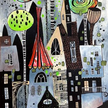 Schilderij getiteld "WHIMSICAL CITY" door Olesya Rubinova, Origineel Kunstwerk, Aquarel