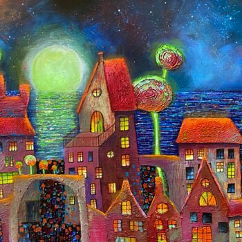 Картина под названием "NEON NIGHT" - Olesya Rubinova, Подлинное произведение искусства, Масло Установлен на Деревянная рама…