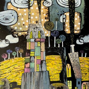 Pintura intitulada "FANCY CITY NEAR YEL…" por Olesya Rubinova, Obras de arte originais, Aquarela