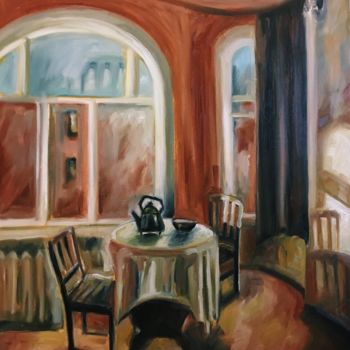 Painting titled "Interior in red ton…" by Olesya Turukina, Original Artwork, Oil Mounted on Wood Stretcher frame