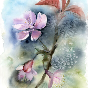 Schilderij getiteld "Cherry blossom bran…" door Paintispassion, Origineel Kunstwerk, Aquarel