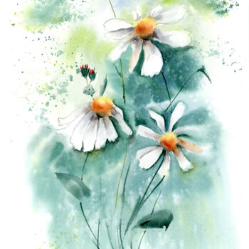 Pintura titulada "Daisies flowers (2…" por Paintispassion, Obra de arte original, Acuarela