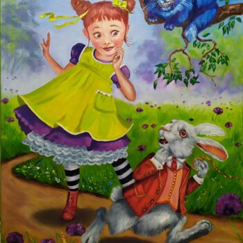 「Alice in Wonderland」というタイトルの絵画 Olga Asadulaevaによって, オリジナルのアートワーク, オイル ウッドストレッチャーフレームにマウント