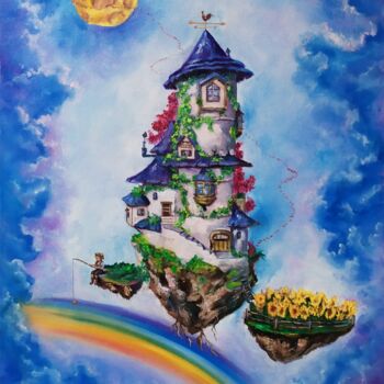 Painting titled "Sky castle" by Olga Asadulaeva, Original Artwork, Oil Mounted on Wood Stretcher frame