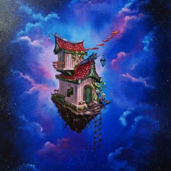 Painting titled "Sky house" by Olga Asadulaeva, Original Artwork, Oil Mounted on Wood Stretcher frame