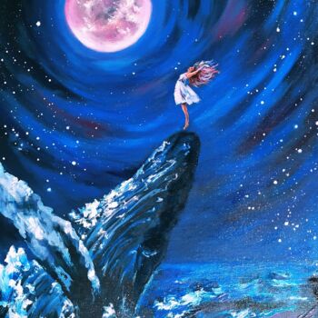Картина под названием "Moon girl" - Olga Asadulaeva, Подлинное произведение искусства, Масло Установлен на Деревянная панель
