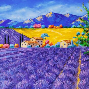 Painting titled "Lavender field" by Olga Asadulaeva, Original Artwork, Oil Mounted on Wood Stretcher frame