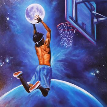 Painting titled "Moon basketball" by Olga Asadulaeva, Original Artwork, Oil Mounted on Wood Stretcher frame
