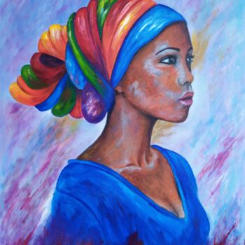 Painting titled "African lady" by Olga Asadulaeva, Original Artwork, Oil Mounted on Wood Stretcher frame