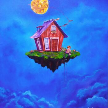 Painting titled "Little House in the…" by Olga Asadulaeva, Original Artwork, Oil Mounted on Wood Stretcher frame