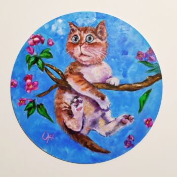 Painting titled "Funny fat cat" by Olga Asadulaeva, Original Artwork, Oil Mounted on Wood Panel