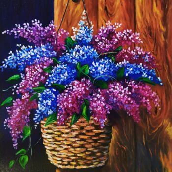 Painting titled "Flower basket" by Olga Asadulaeva, Original Artwork, Oil Mounted on Wood Stretcher frame