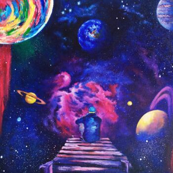 Painting titled "Space pier" by Olga Asadulaeva, Original Artwork, Oil Mounted on Wood Stretcher frame