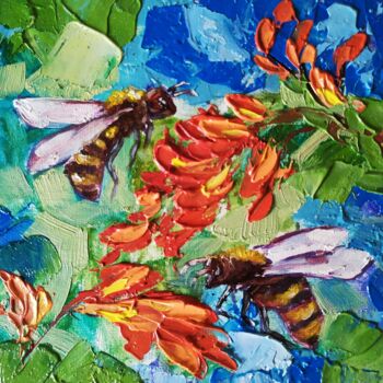 Pittura intitolato "Bees in flowers" da Olga Asadulaeva, Opera d'arte originale, Olio