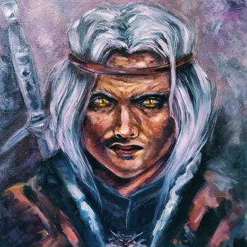 Painting titled "Geralt of Rivia" by Olga Asadulaeva, Original Artwork, Oil Mounted on Wood Stretcher frame
