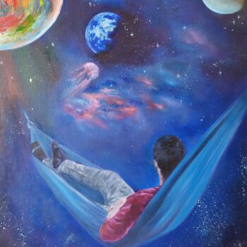 Painting titled "Guy in a hammock" by Olga Asadulaeva, Original Artwork, Oil Mounted on Wood Stretcher frame