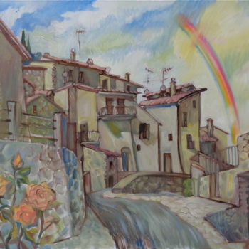 Painting titled "Italian city. Rainb…" by Olga Bagina, Original Artwork, Oil