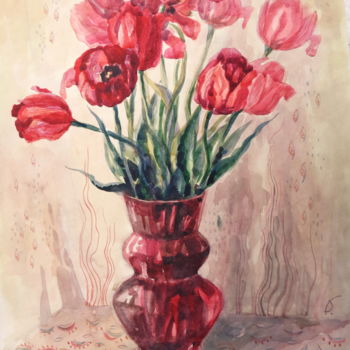 Pintura titulada "Red tulips." por Olga Bagina, Obra de arte original, Acuarela
