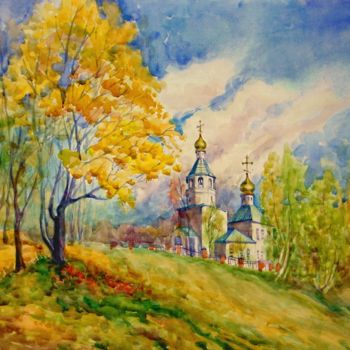 Painting titled "Landscape with Chur…" by Olga Bagina, Original Artwork, Watercolor