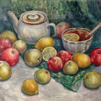 Malerei mit dem Titel "Tea with lemon on g…" von Olga Bagina, Original-Kunstwerk, Aquarell